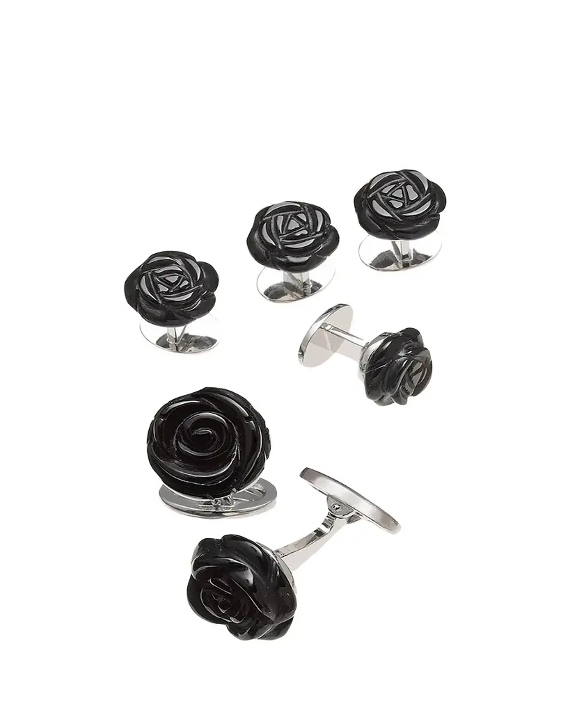 Jan Leslie Onyx Carved Rose Tuxedo Cuff Link and Stud Set