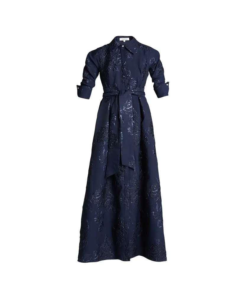 Rickie Freeman for Teri Jon Belted Jacquard Shirtdress Gown