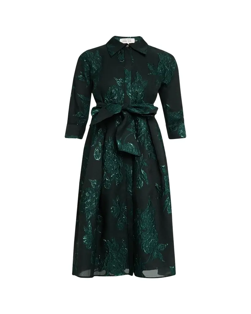 Rickie Freeman for Teri Jon Metallic Jacquard Belted Shirtdress