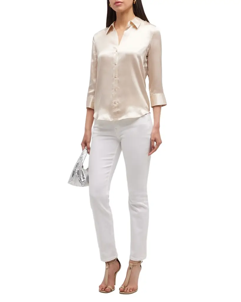 L 'Agence Dani Silk Satin 3/4-Sleeve Button-Down Blouse