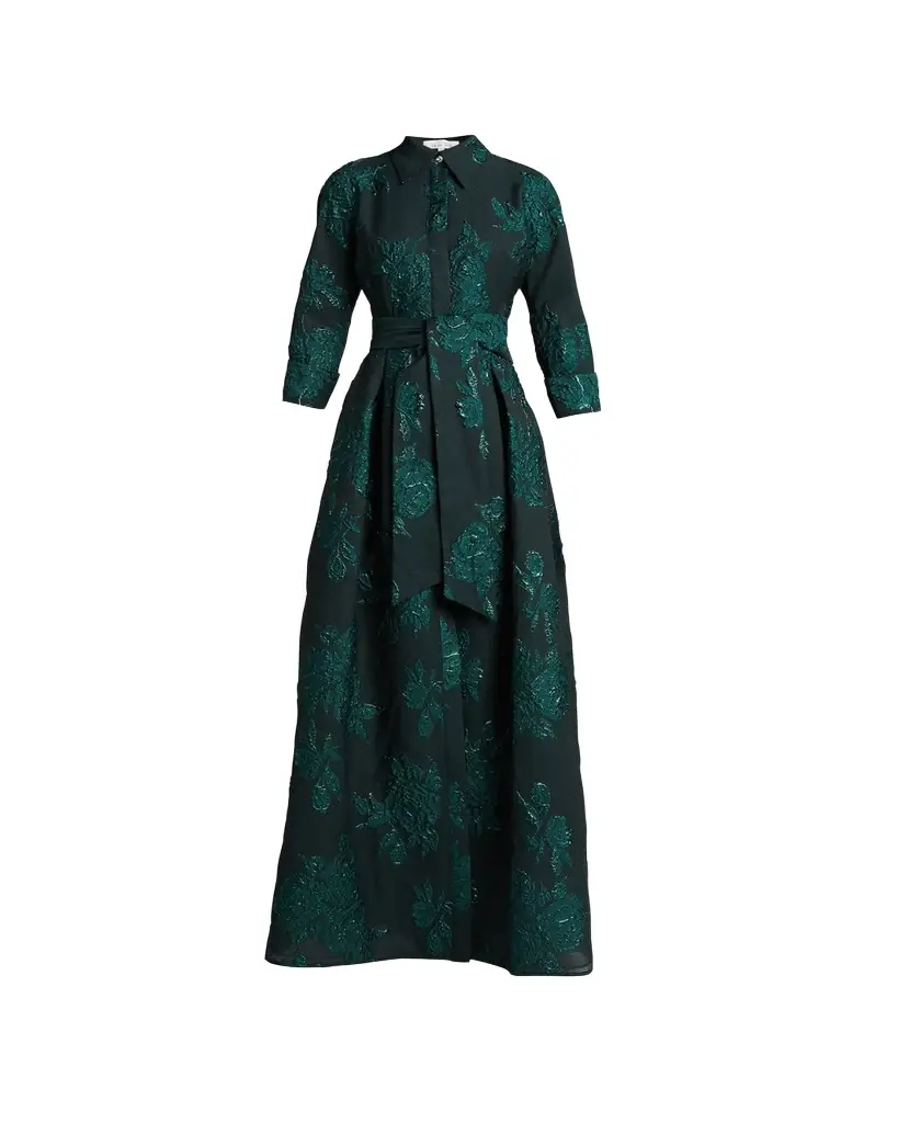 Rickie Freeman for Teri Jon Belted Jacquard Shirtdress Gown