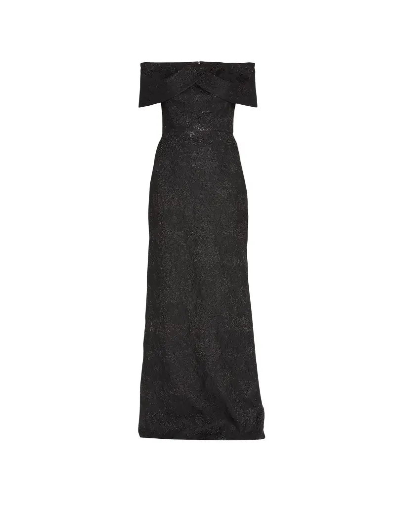 Rickie Freeman for Teri Jon Off-Shoulder Jacquard Column Gown