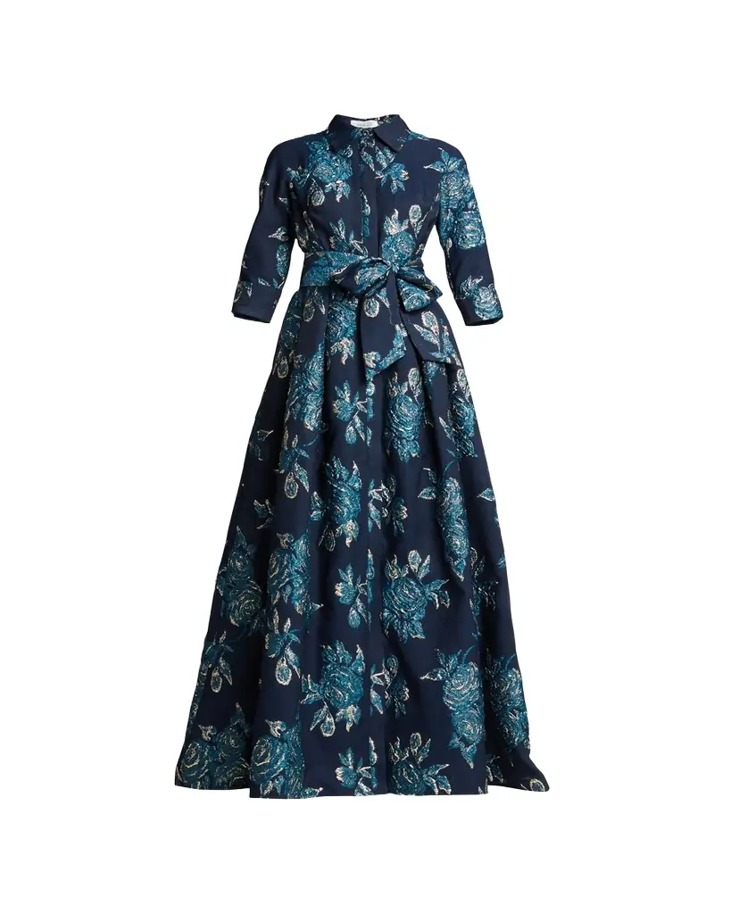 Rickie Freeman for Teri Jon Belted Jacquard Shirtdress Gown