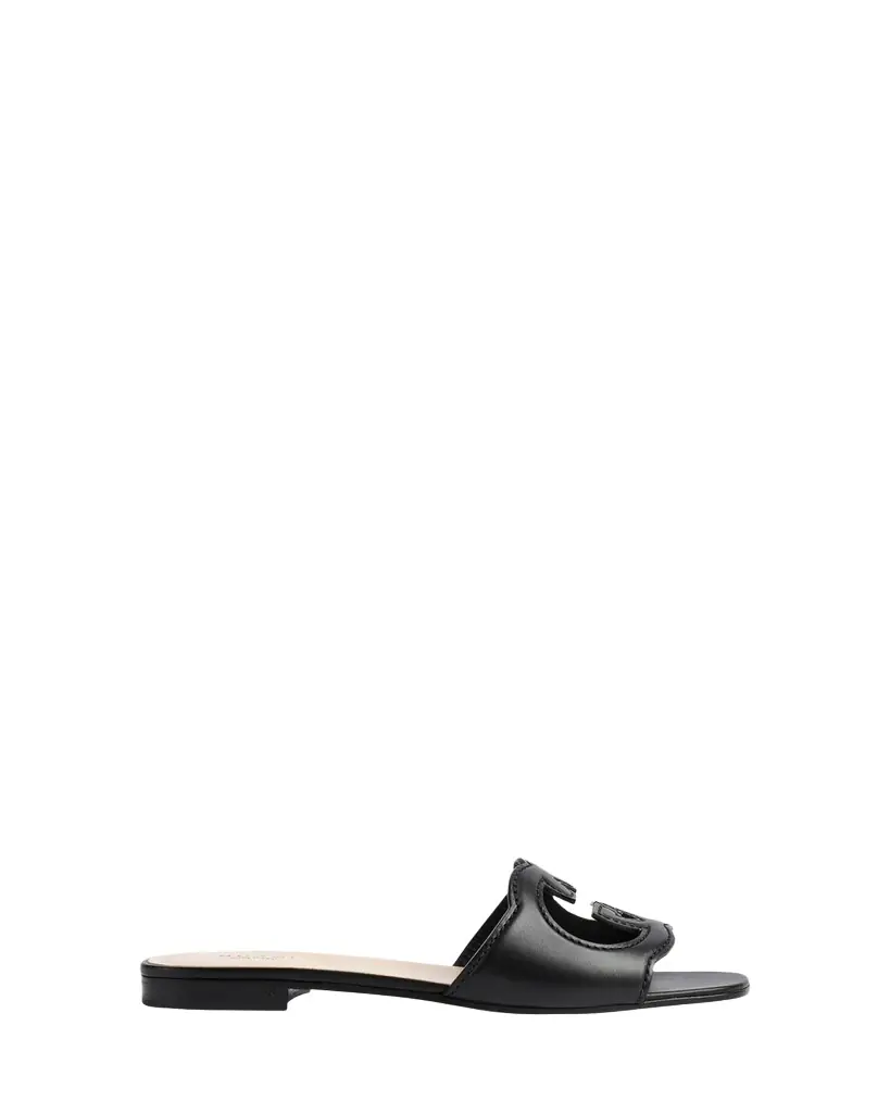 Gucci Leather Logo Cutout Flat Sandals