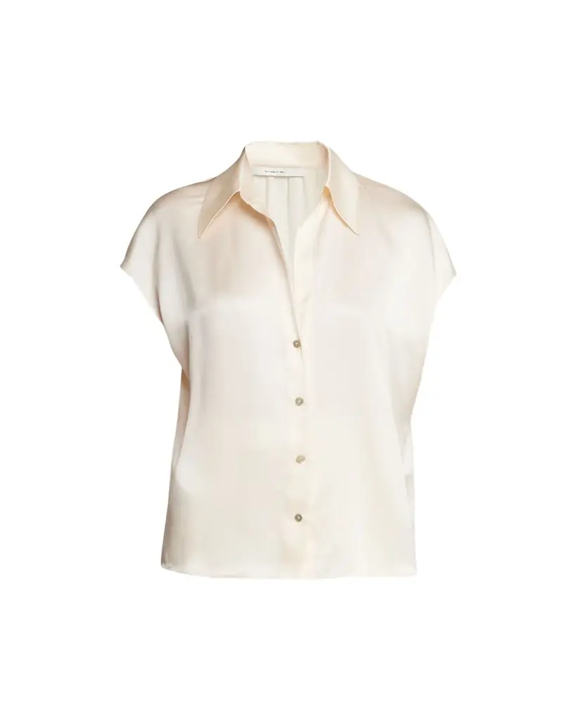 Vince Cap-Sleeve Ruched-Back Silk Blouse