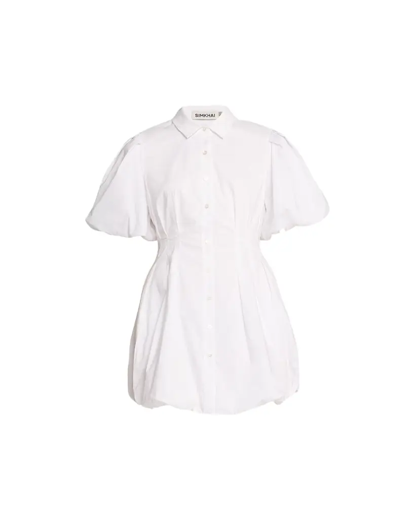 SIMKHAI Cleo Polin Balloon-Sleeve Pleated Mini Dress