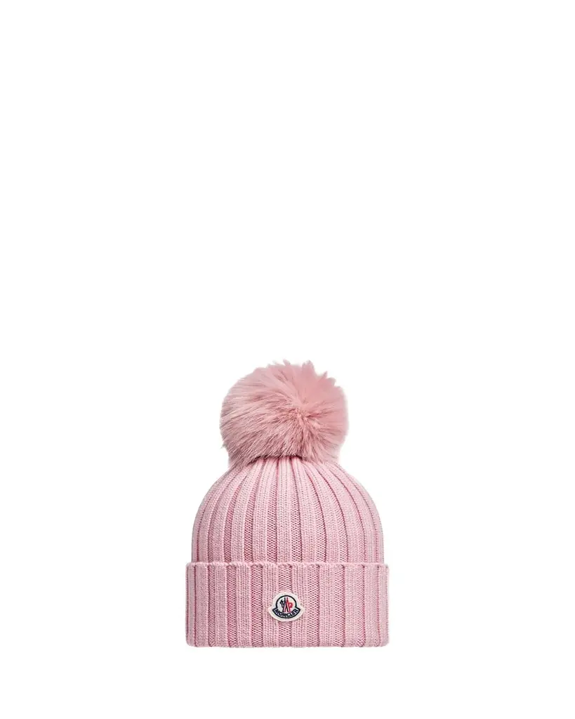 Moncler Ribbed Wool Beanie with Faux Fur Pom
