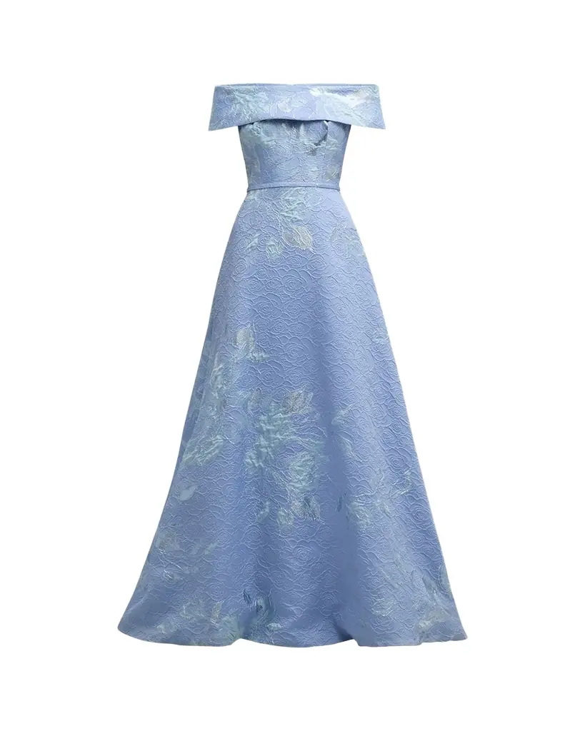 Rickie Freeman for Teri Jon Off-Shoulder Metallic Flower Jacquard Gown