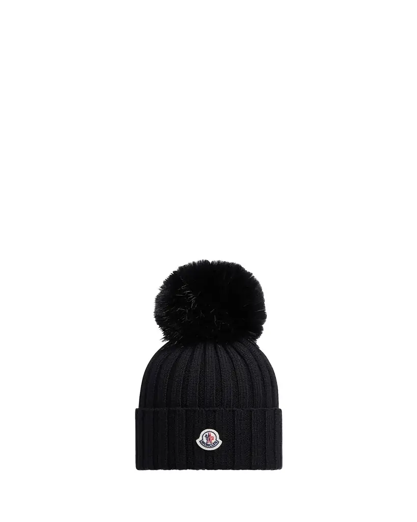 Moncler Ribbed Wool Beanie with Faux Fur Pom