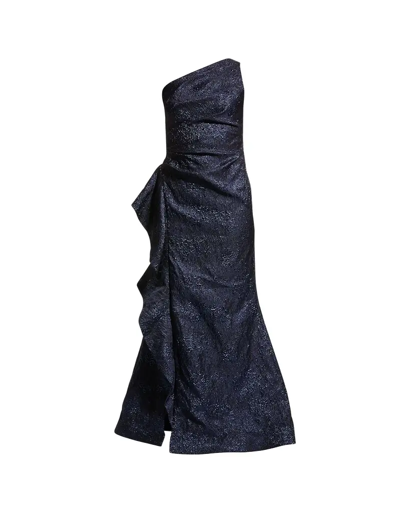 Rickie Freeman for Teri Jon One-Shoulder Jacquard Side-Ruffle Gown