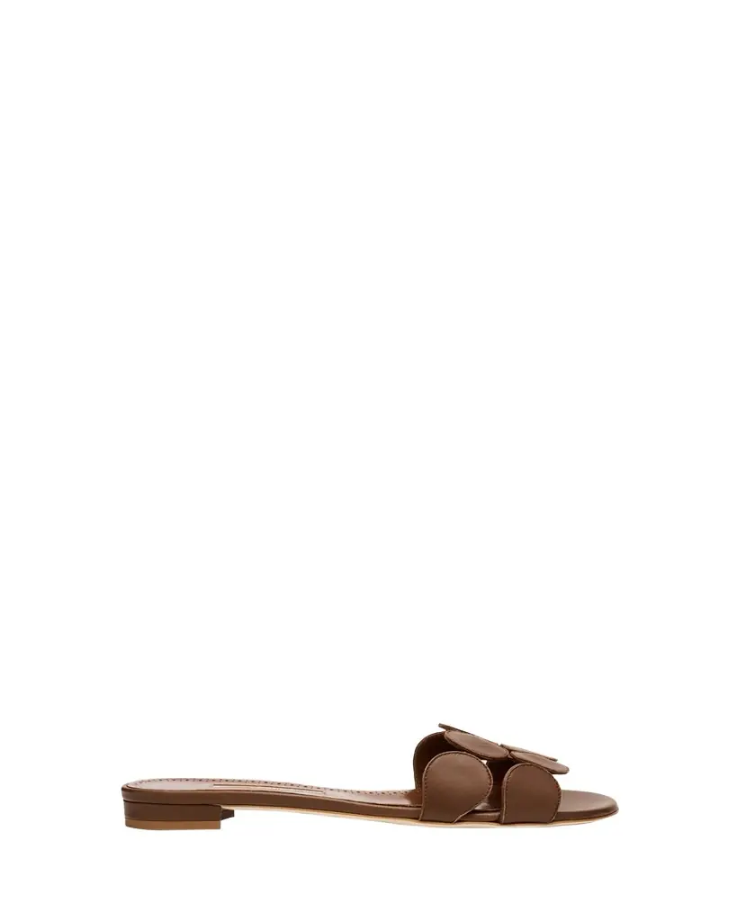Manolo Blahnik Circle-Cut Leather Flat Slide Sandals