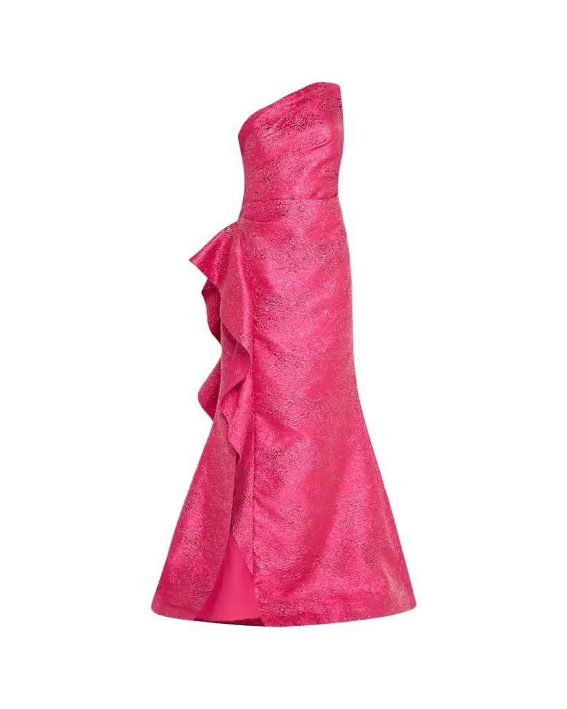 Rickie Freeman for Teri Jon One-Shoulder Metallic Jacquard Trumpet Gown