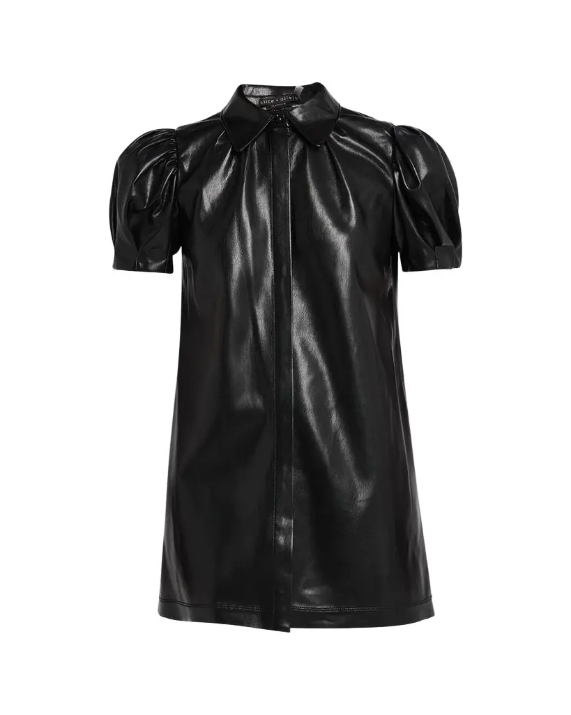 ALICE + OLIVIA Jem Vegan Leather Puff-Sleeve Shirtdress