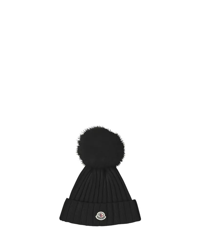 Moncler Ribbed Logo Beanie with Faux Fur Pom