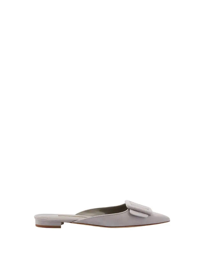 Manolo Blahnik Maysale Suede Buckle Ballerina Mules
