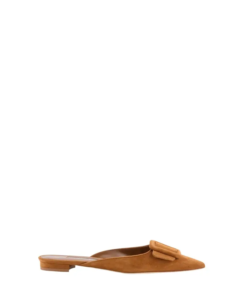 Manolo Blahnik Maysale Suede Buckle Ballerina Mules