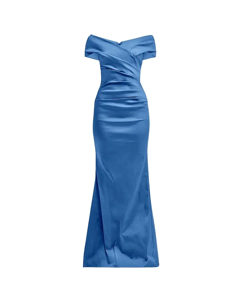 Rickie Freeman for Teri Jon Pleated Off-Shoulder Satin Column Gown