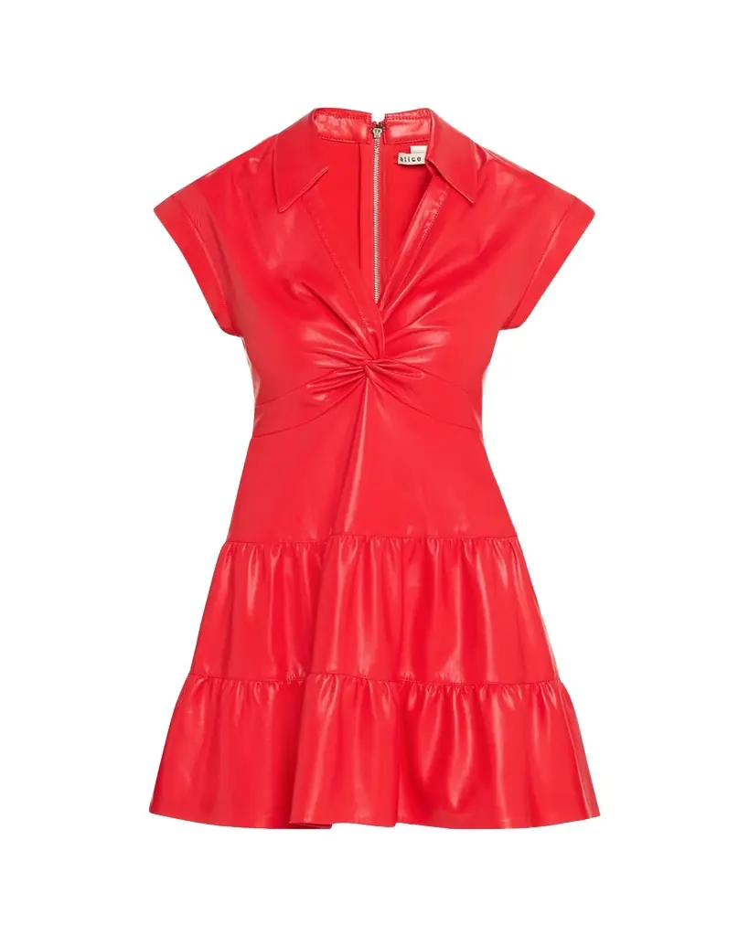 ALICE + OLIVIA Mila Vegan Leather Deep V Twist-Front Mini Dress