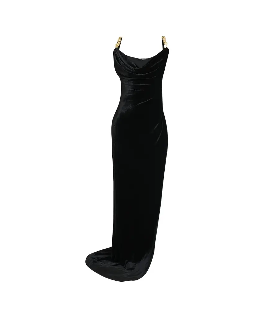 Balmain Button Cowl-Neck Velvet Slit Maxi Dress - Women's Clothing
