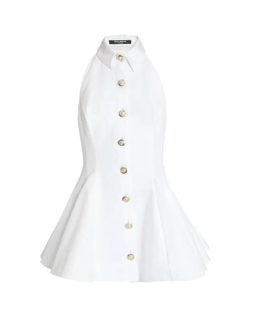 Balmain Halter Popeline Fit-&-Flare Mini Shirtdress