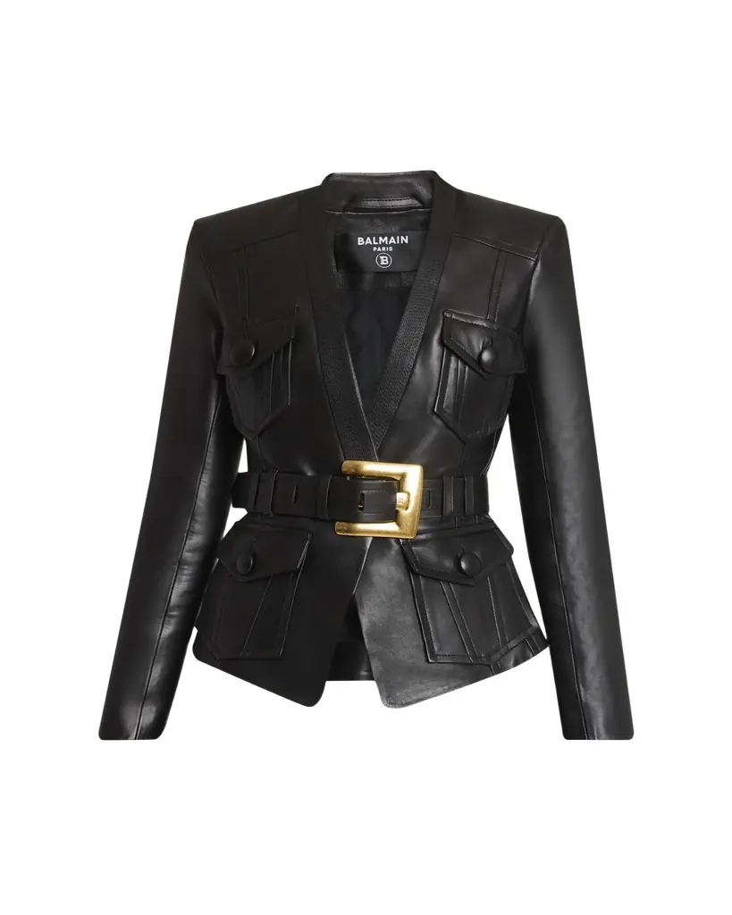 Balmain Belted Leather Fitted Jacket