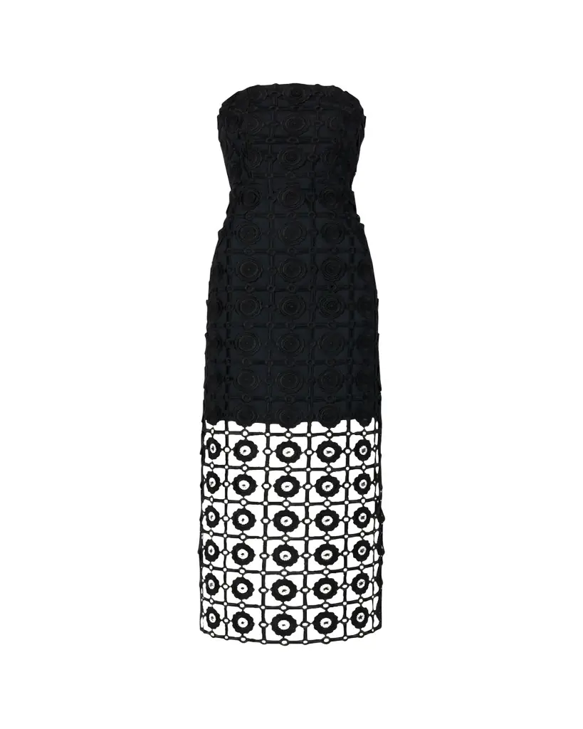 Milly Kait Strapless Tile Lace Midi Dress