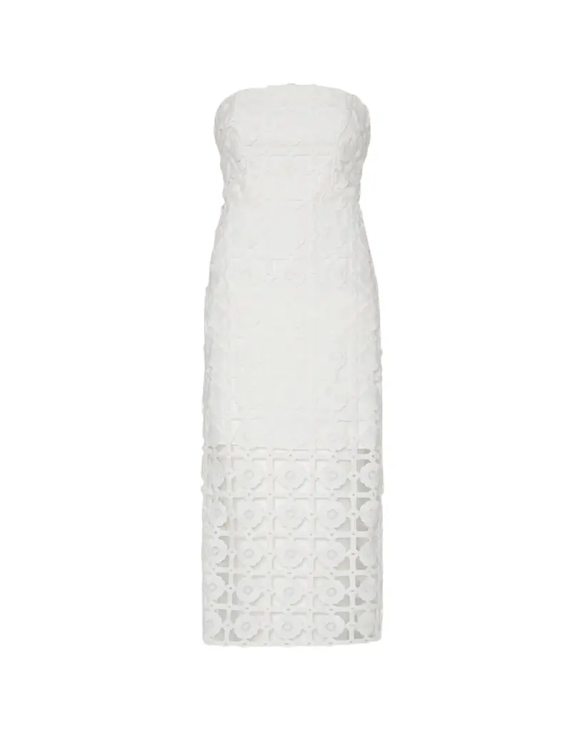 Milly Kait Strapless Tile Lace Midi Dress