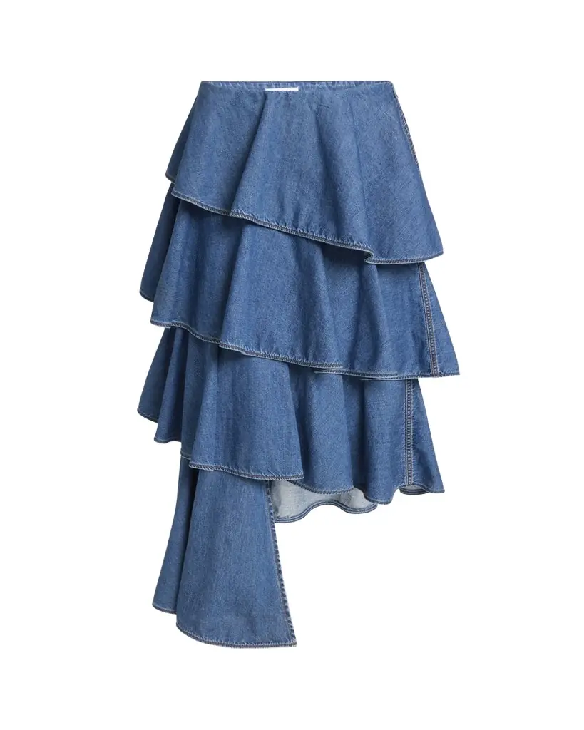 ALAIA Spiral Ruffle Denim Midi Skirt