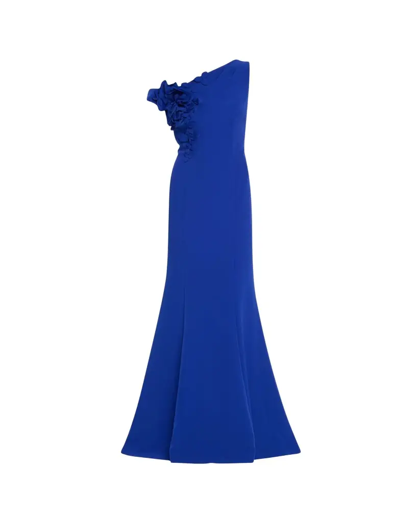 Rickie Freeman for Teri Jon One-Shoulder Floral Applique Crepe Mermaid Gown