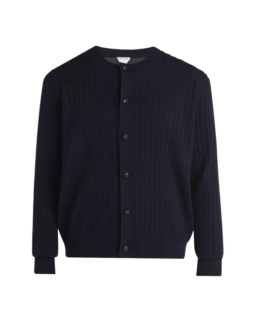 Bottega Veneta Men's Ribbed Wool Cardigan with Leather Buttons