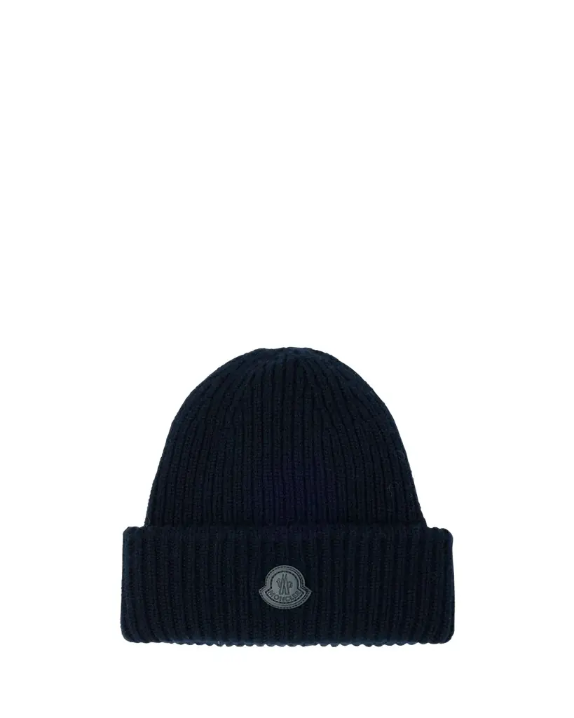 Moncler Men's Cashmere Rib Leather-Logo Beanie Hat