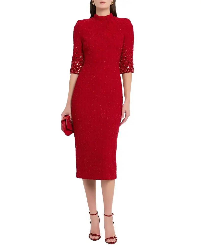 Badgley Mischka Mock-Neck Beaded Shimmer Tweed Midi Dress