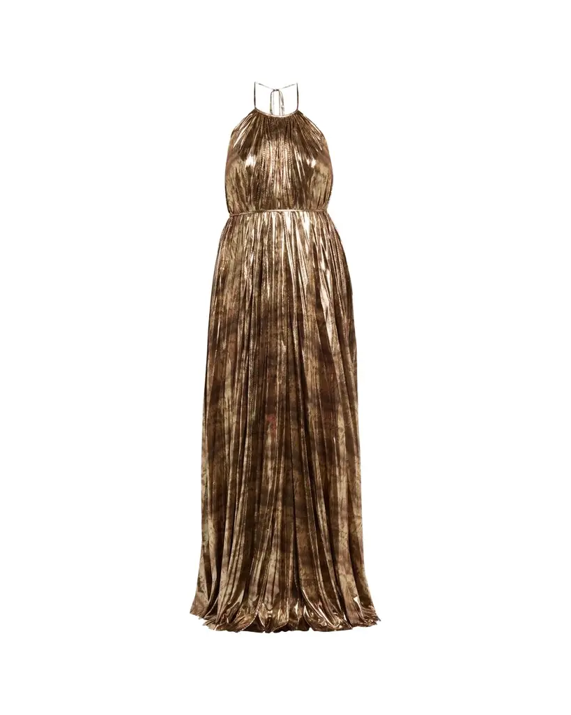 Halston Maxine Pleated Metallic Jersey Halter Gown