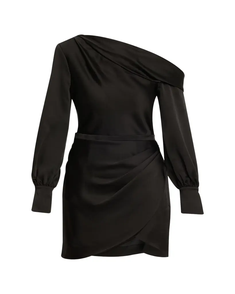 SIMKHAI Cameron One-Shoulder Wrap-Skirt Satin Mini Dress