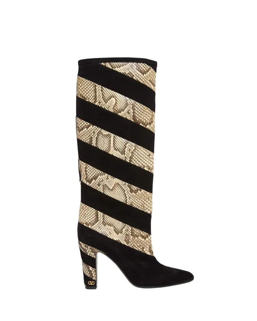 Valentino Garavani 100mm Rayons Snake-Printed Leather and Suede Knee-High Boots