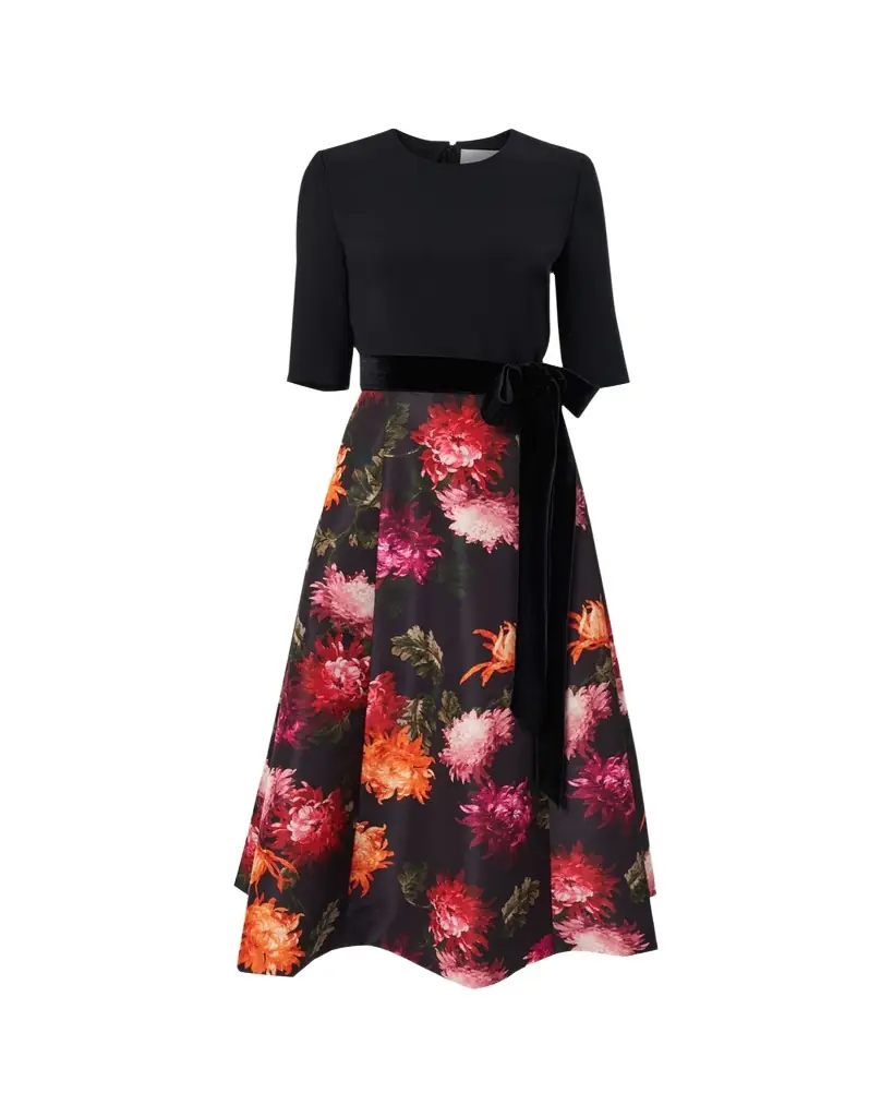 Carolina Herrera Floral Elbow-Sleeve Bow Midi Dress