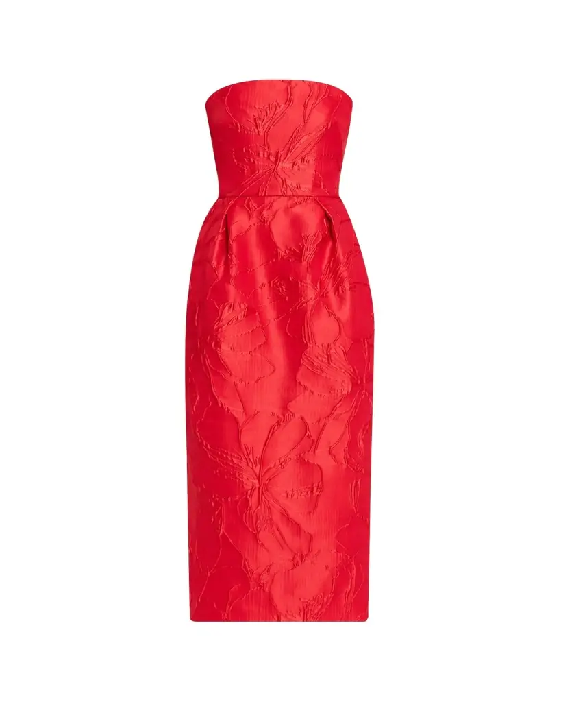 Monique Lhuillier Strapless Rose Jacquard Midi Dress