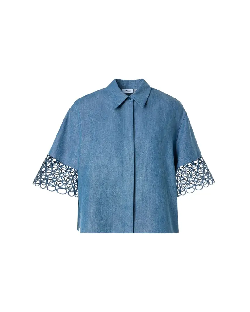 Akris punto Guipure Short-Sleeve Denim Button-Down Shirt - Women's Clothing