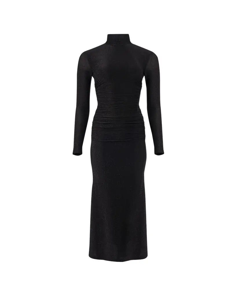 Carolina Herrera Ruched Shimmer-Knit Turtleneck Midi Dress