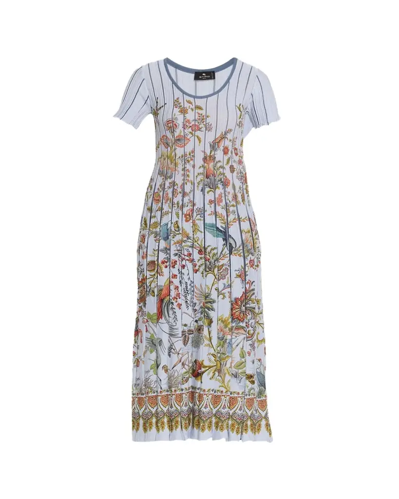 Etro Floral-Print Pleated Short-Sleeve Midi Dress
