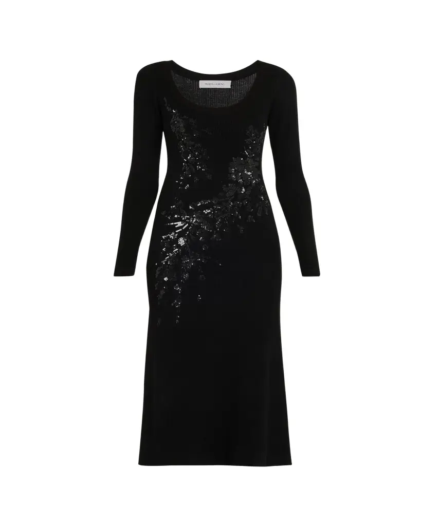 Prabal Gurung Sequin Floral-Embroidered Rib Knit Midi Dress