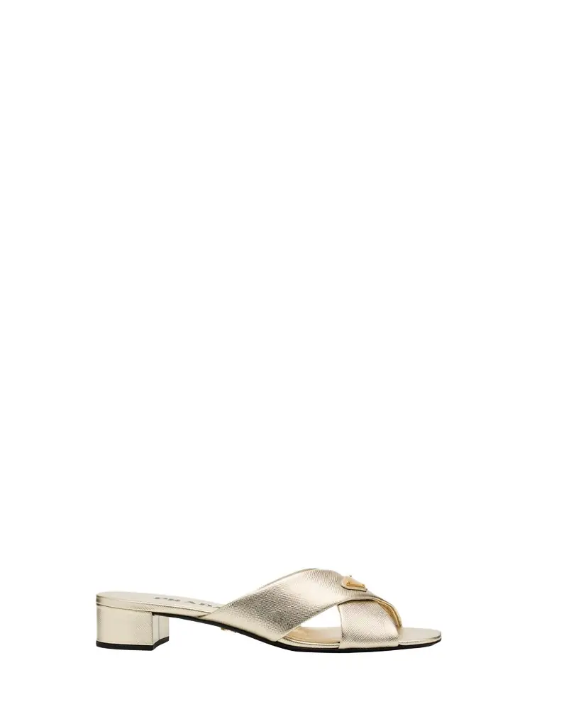 Prada 35mm Triangle Logo Metallic Leather Mule Sandals