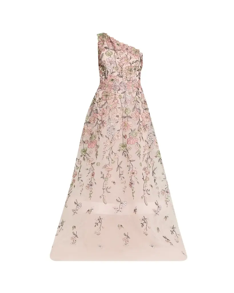 Rickie Freeman for Teri Jon One-Shoulder Embroidered Tulle Gown