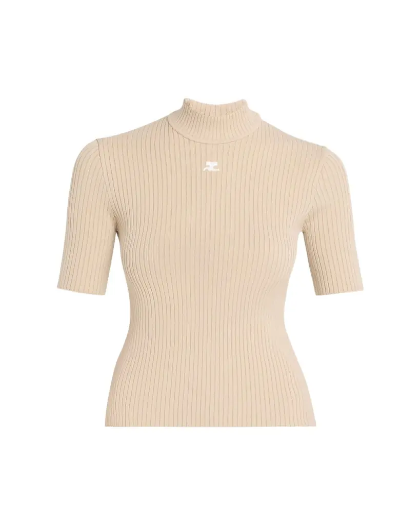Courreges Mock-Neck Short-Sleeve Rib Pullover