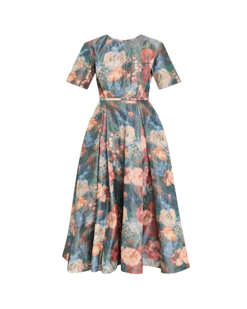Prabal Gurung Short-Sleeve Floral Taffeta Belted Midi Cocktail Dress