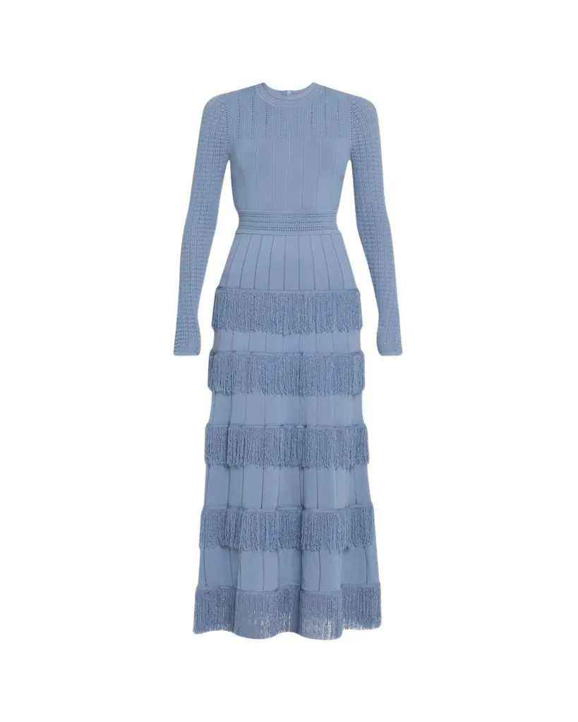 Lela Rose Tiered Fringe Long-Sleeve Maxi Dress