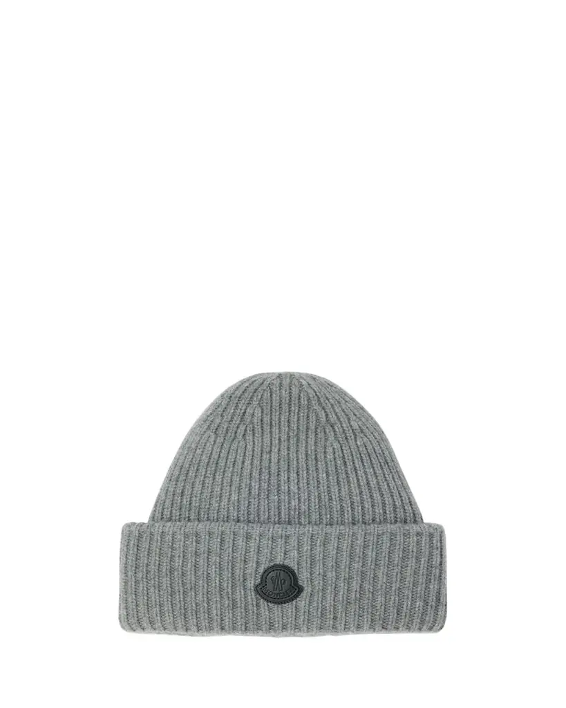 Moncler Men's Cashmere Rib Leather-Logo Beanie Hat