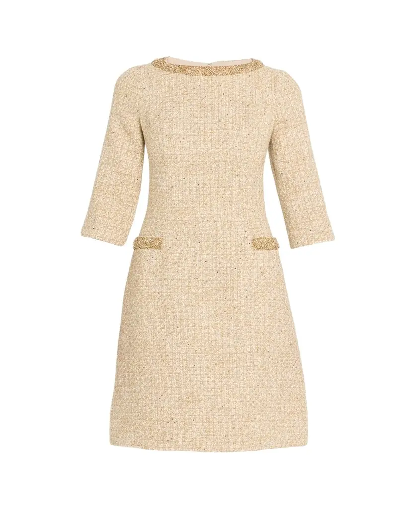 Rickie Freeman for Teri Jon Metallic Boucle Jewel-Trim A-Line Dress
