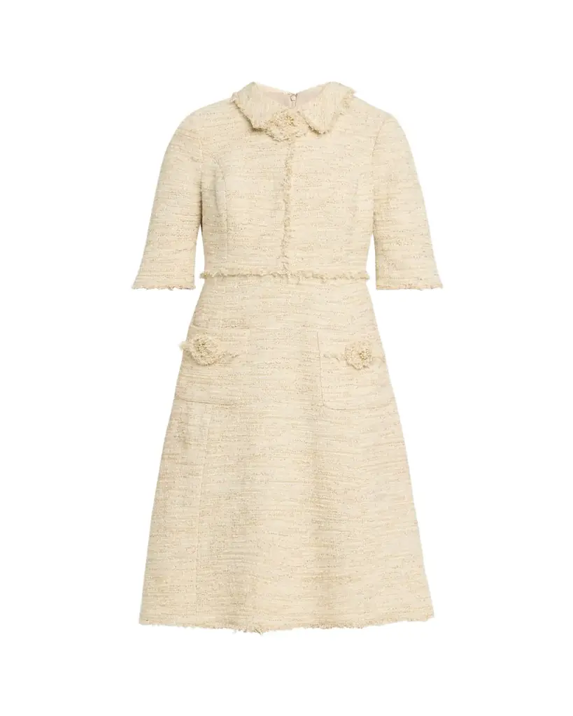 Rickie Freeman for Teri Jon Fringe-Trim Metallic Tweed Dress