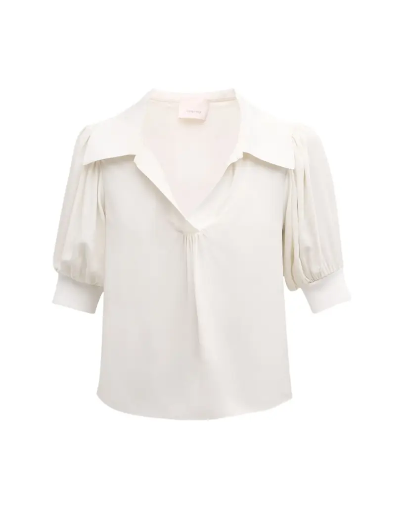 Cinq a Sept Weldon Collared V-Neck Short-Sleeve Silk Combo Top